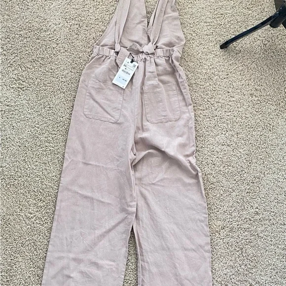 NWT ZARA Linen Cotton Beige cream Jumpsuit Pants Cut Out Xsmall Orig $50 - Picture 6 of 15
